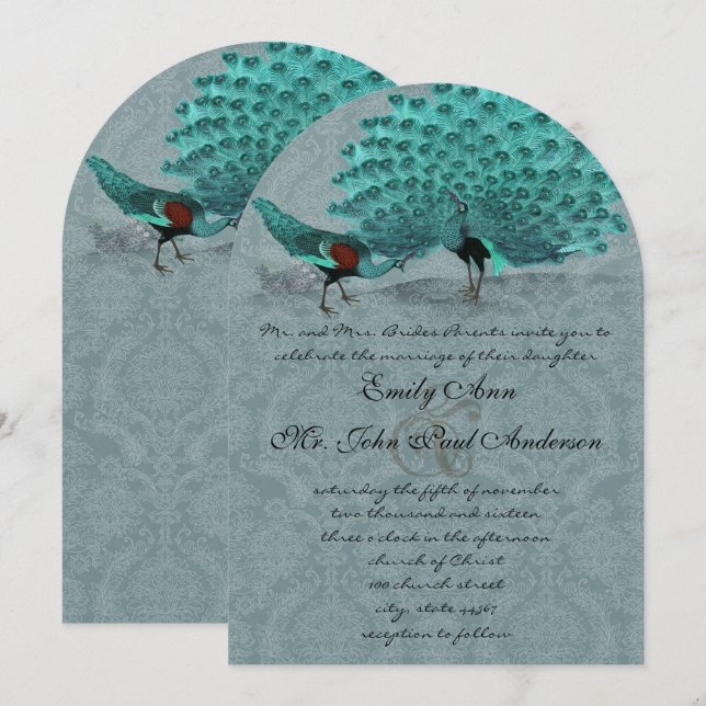 Invitation Aqua Blue Damask Peacock Élégance métallique (Devant / Derrière)
