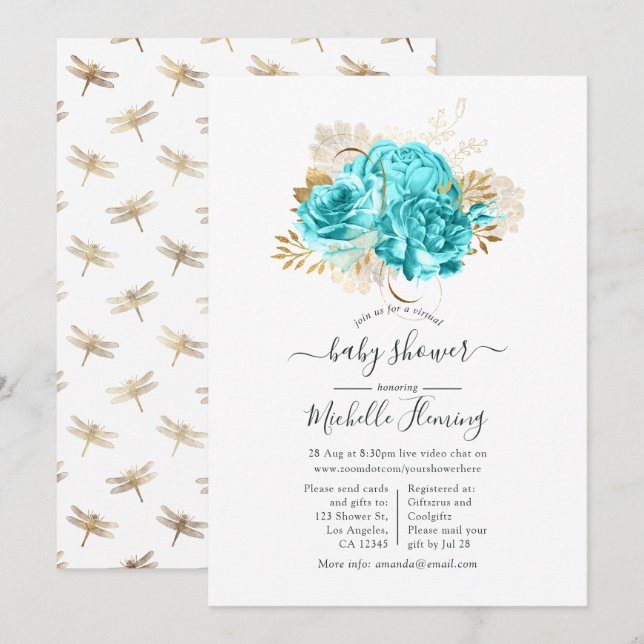 Invitation Aqua Blue et Gold Floral Douche virtuelle (Devant / Derrière)