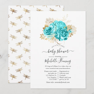 Invitation Aqua Blue et Gold Floral Douche virtuelle