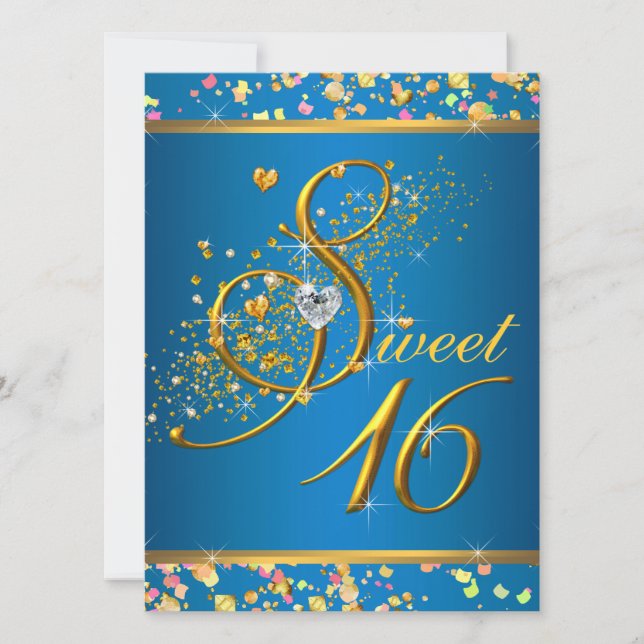 Invitation Aqua Blue et Gold Sweet sixteen Party (Devant)
