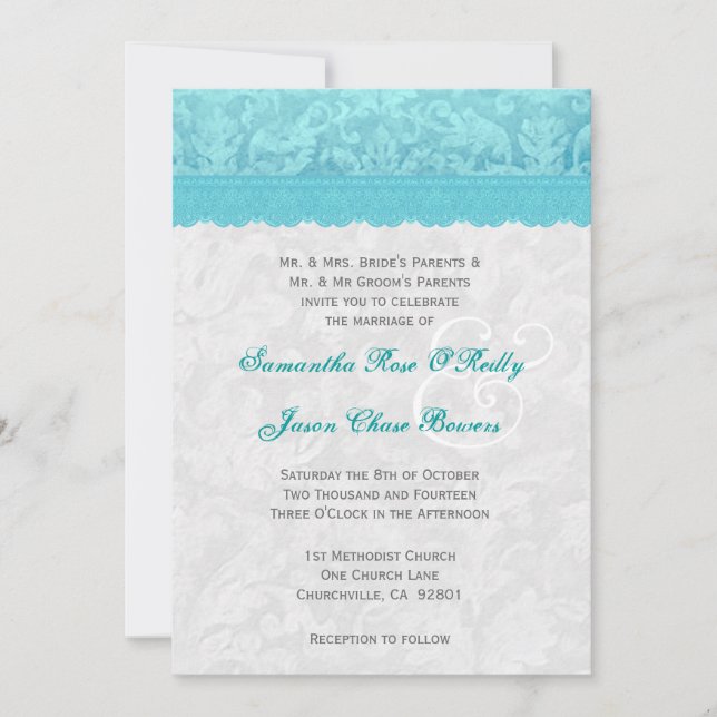 Invitation Aqua Blue et Silver Mariage Lace V200 (Devant)