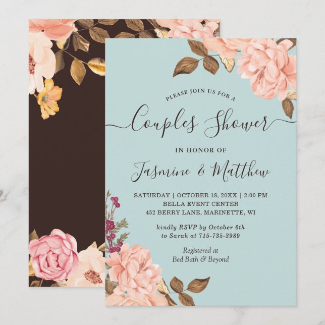 Invitation Aqua Blue ft. Douche à Mariage floral (Devant / Derrière)