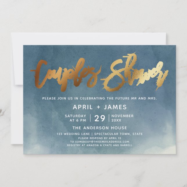 Invitation Aqua Blue Gold Brush Typographie Couples Douche (Devant)