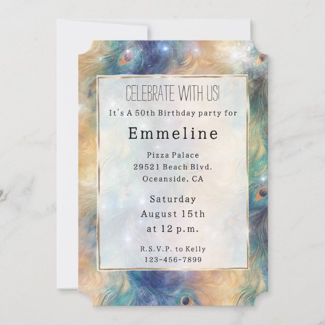 Invitation Aqua Blue Gold Peacock Feathers 50e anniversaire (Devant)