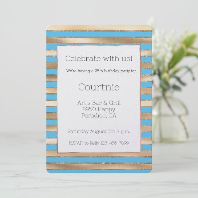 Invitation Aqua Blue Gold Stripes Anniversaire (Debout devant)