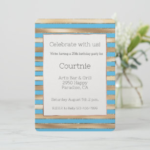 Invitation Aqua Blue Gold Stripes Anniversaire