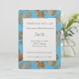 Invitation Aqua Blue Gold Tropical Feuille Anniversaire