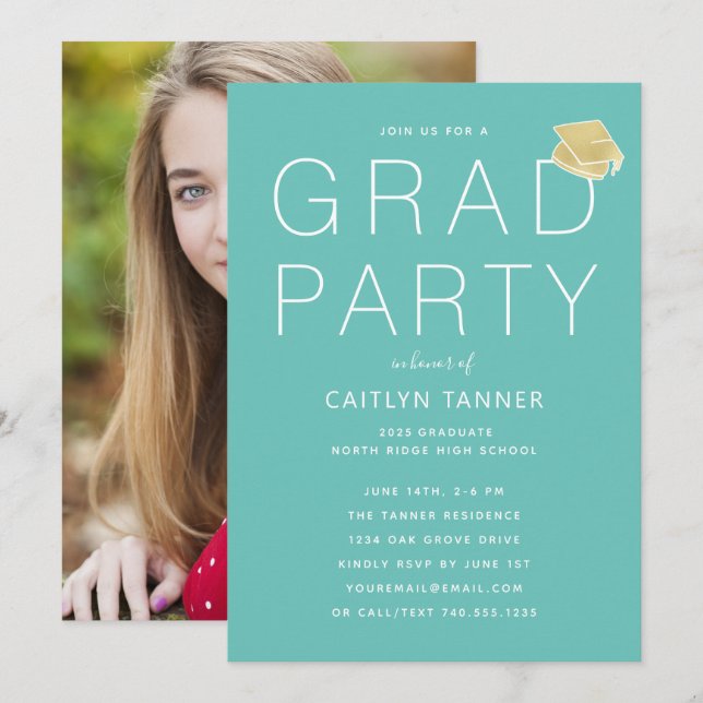 Invitation Aqua Blue-Green Modern Photo Graduation Party (Devant / Derrière)