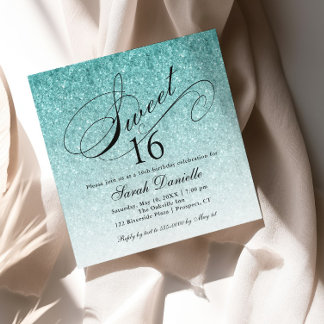 Invitation Aqua Blue Ombre Glam Parties scintillant Sweet 16