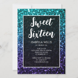 Invitation Aqua blue Ombre scintille Sweet 16 élégant script