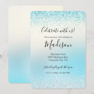 Invitation Aqua Blue Ombre Tie dye Glitzy Sparkle Parties sci