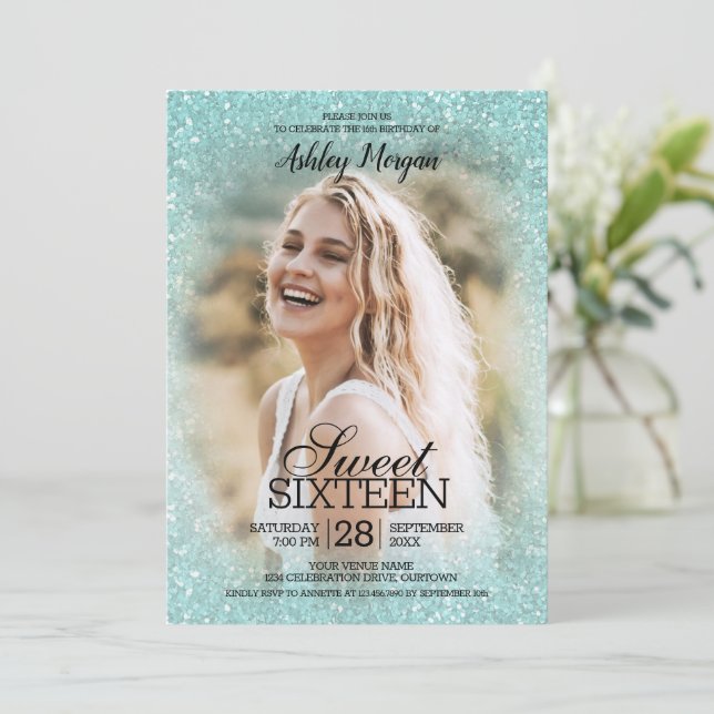 Invitation Aqua Blue Parties scintillant Modèle photo Sweet 1 (Debout devant)