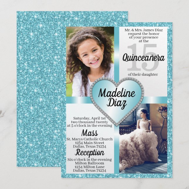 Invitation Aqua Blue Quinceañera 15 Cumpleaños (Devant / Derrière)