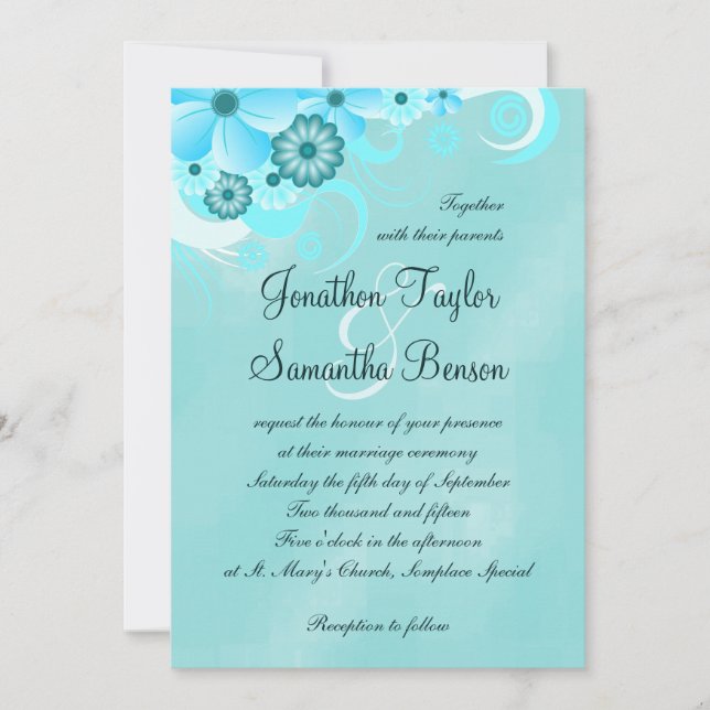 Invitation Aqua Blue Sapphire Floral Hibiscus Mariage Invite (Devant)