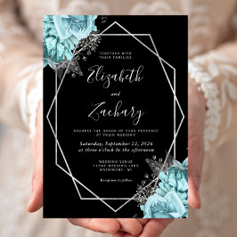 Invitation Aqua Blue Silver Floral Black Wedding