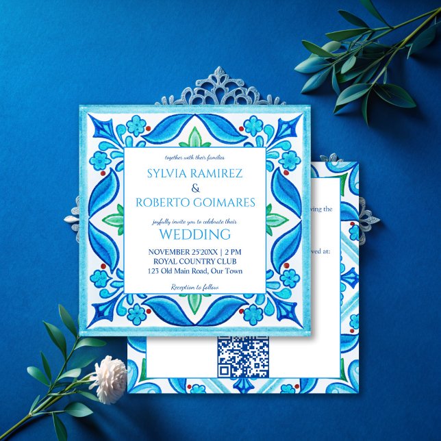 Invitation Aqua Blue Talavera tuiles tout en un mariage (Aqua Blue Talavera tiles all in one wedding Invitations with RSVP vintage Mexican wedding cards)