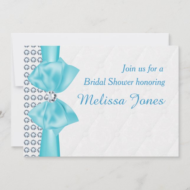 Invitation Aqua Blue Turquoise Bow Diamond Bling Party Invita (Devant)