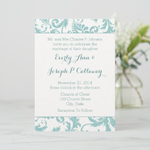 Invitation Aqua Blue Turquoise Floral Mariage damassé Invitat