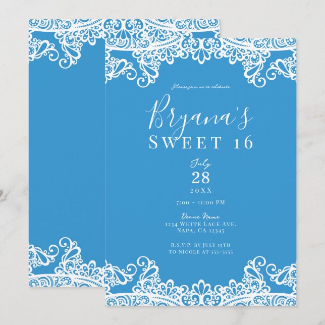 Invitation Aqua Blue & White Lace Elegant Sweet 16 Party (Devant / Derrière)