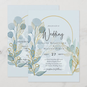 Invitation Aqua Botanique Moderne SeaGlass Gold Wedding Invit