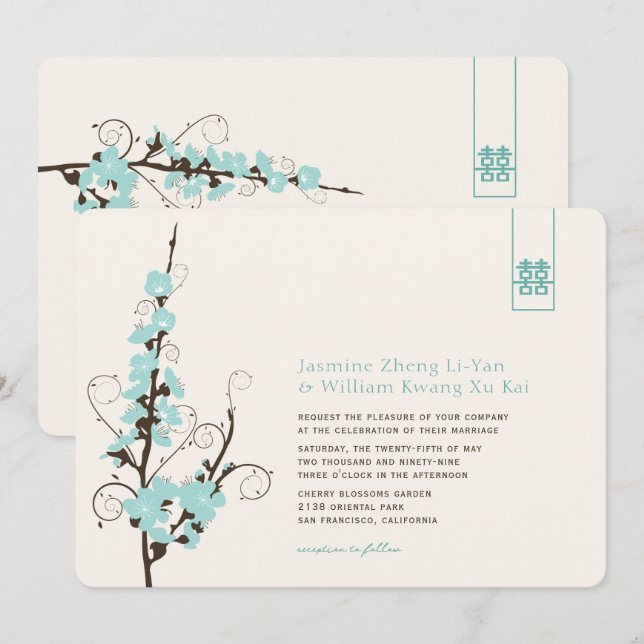 Invitation Aqua Cherry Blossoms Sakura Swirls Mariage asiatiq (Devant / Derrière)