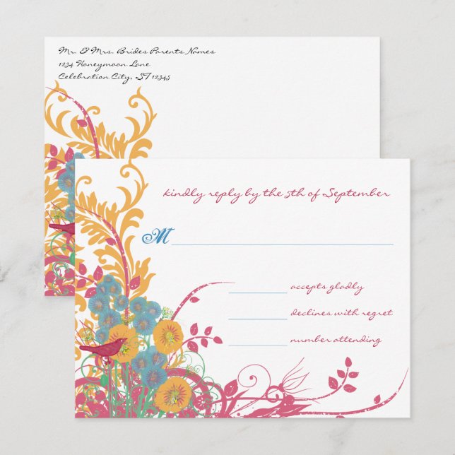 Invitation Aqua Cire d'abeille Framboise Fleur Sauvage Oiseau (Devant / Derrière)