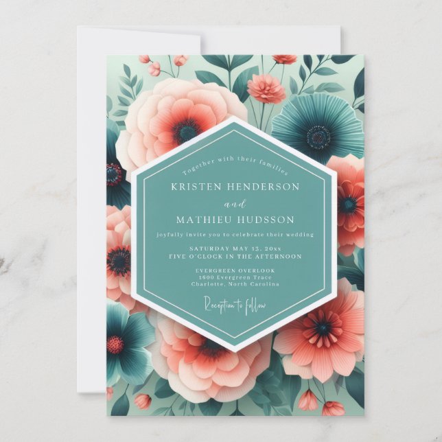 Invitation Aqua Coral Painted Bloom Wedding (Devant)