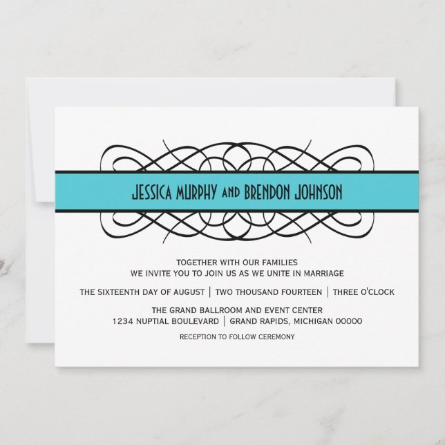 Invitation Aqua Deco Flourish Wedding (Devant)