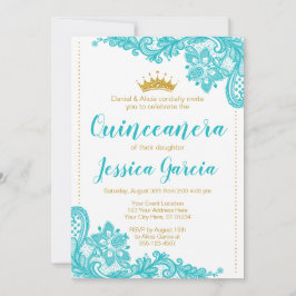 Invitation Aqua dentelle et Parties scintillant or princesse 