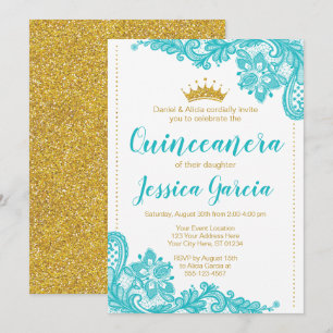 Invitation Aqua dentelle et Parties scintillant or princesse 