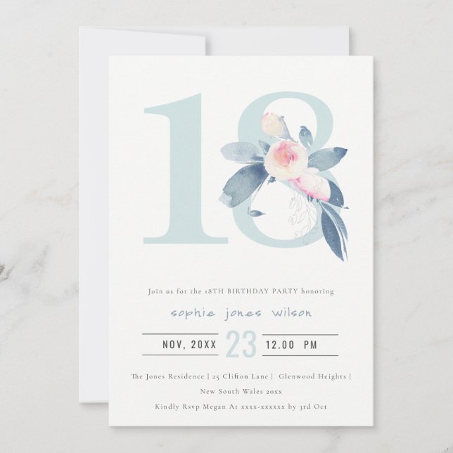 INVITATION AQUA DOUX BLEU BLEU FLORAL 18E TOUT ÂGE ANNIVERSAI (Devant)
