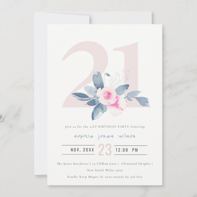 INVITATION AQUA DOUX BLEU BLEU FLORAL 21E TOUT ÂGE ANNIVERSAI (Devant)