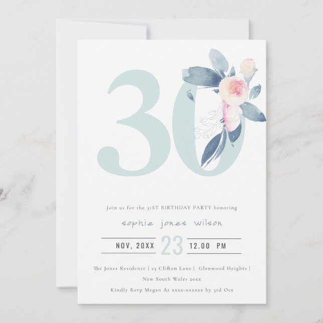 INVITATION AQUA DOUX BLEU BLEU FLORAL 30E TOUT ÂGE ANNIVERSAI (Devant)