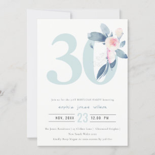 INVITATION AQUA DOUX BLEU BLEU FLORAL 30E TOUT ÂGE ANNIVERSAI
