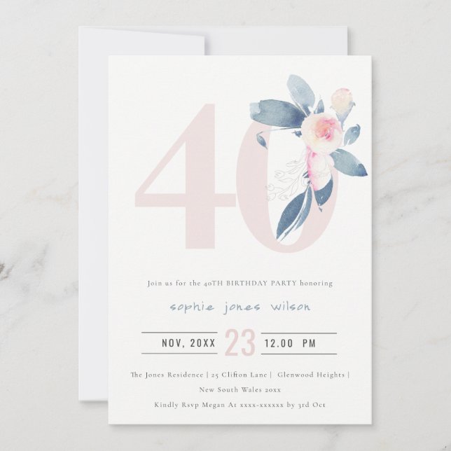 INVITATION AQUA DOUX BLEU BLEU FLORAL 40E TOUT ÂGE ANNIVERSAI (Devant)