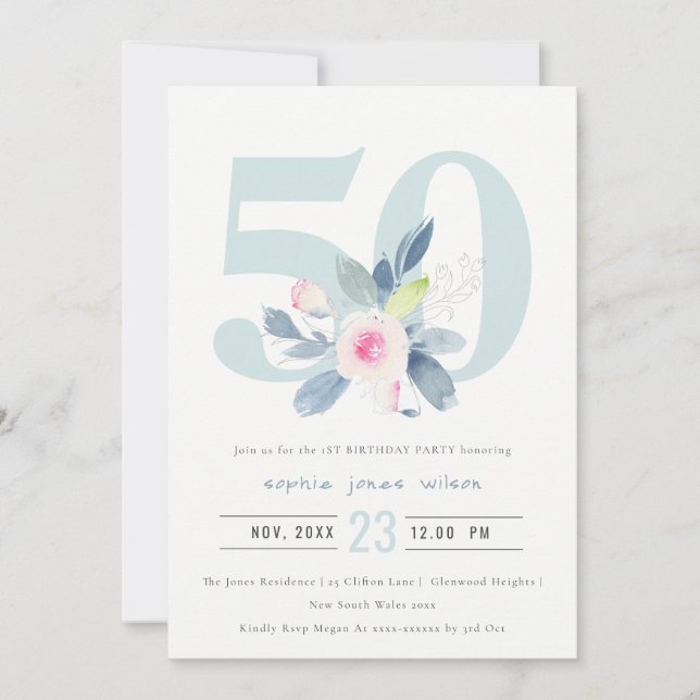 INVITATION AQUA DOUX BLEU BLEU FLORAL 50E TOUT ÂGE ANNIVERSAI (Devant)