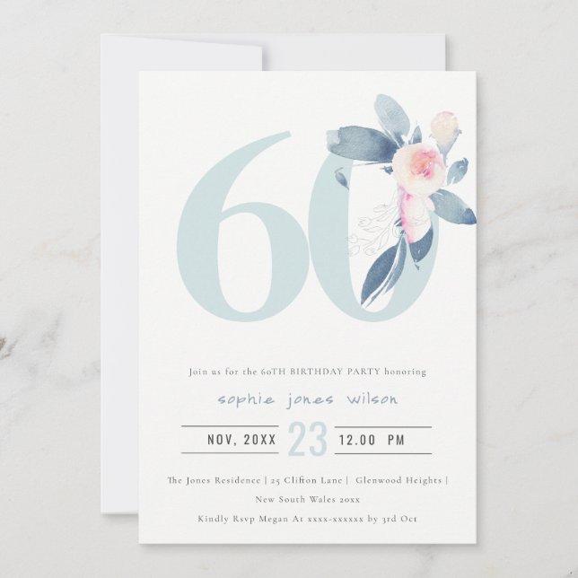 INVITATION AQUA DOUX BLEU BLEU FLORAL 60E TOUT ÂGE ANNIVERSAI (Devant)