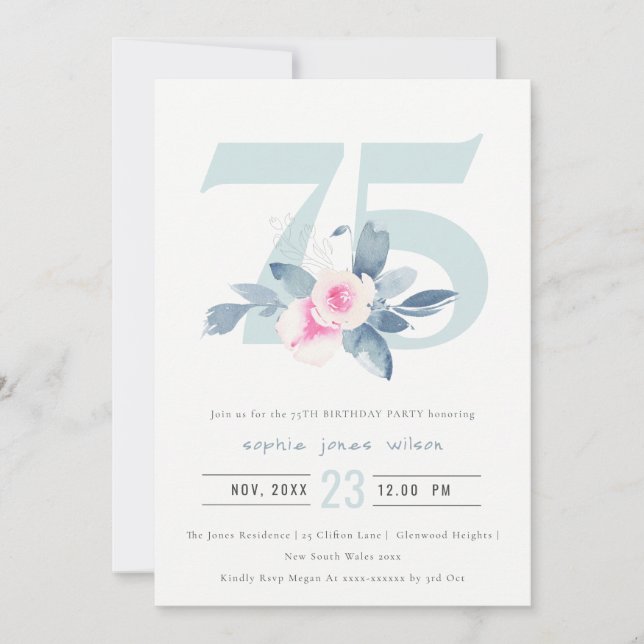 INVITATION AQUA DOUX BLEU BLEU FLORAL 75E TOUT ÂGE ANNIVERSAI (Devant)