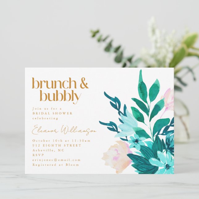 Invitation Aqua Emerald Green Aquarelle Fête des mariées flor (Debout devant)