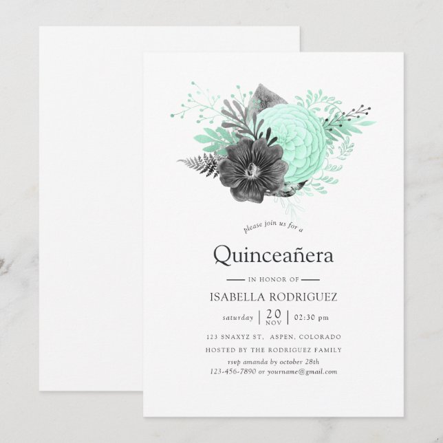 Invitation Aqua et Charbon Floral Rustique Quinceañera (Devant / Derrière)