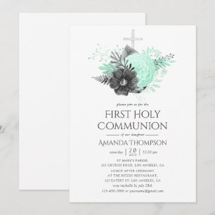 Invitation Aqua et Charbon Floral Rustique Sainte Communion