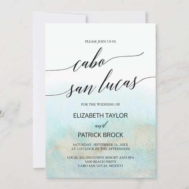 Invitation Aqua et Gold Beach Cabo San Lucas Mariage (Devant)
