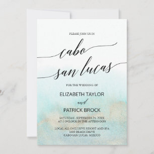 Invitation Aqua et Gold Beach Cabo San Lucas Mariage