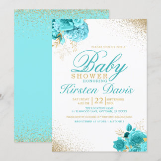 Invitation Aqua et Gold Parties scintillant Floral Boy Baby s