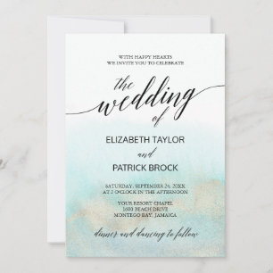 Invitation Aqua et Gold Watercolor Beach Le Mariage de