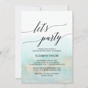 Invitation Aqua et Gold Watercolor Beach Let's Party