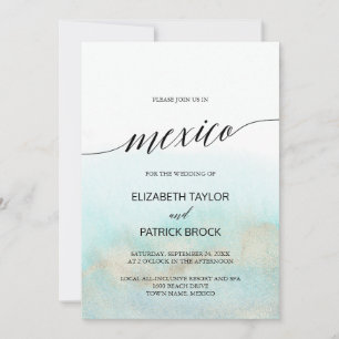 Invitation Aqua et Gold Watercolor Beach Mexique Mariage