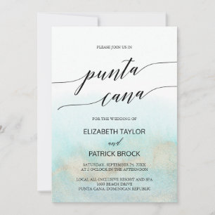 Invitation Aqua et Gold Watercolor Beach Punta Cana Mariage