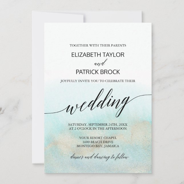 Invitation Aqua et Gold Watercolor Beach Wedding (Devant)