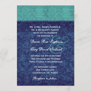 Invitation Aqua et Navy Blue Damask Two Tone Mariage V326 V2